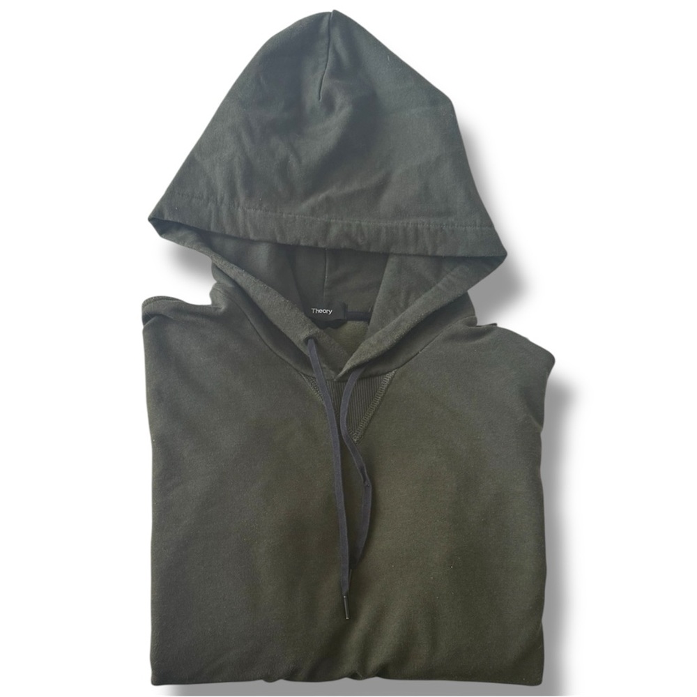 Theory Essential Hoodie Cure Fleece Pullover Large Green Peru Made 100% Cotton